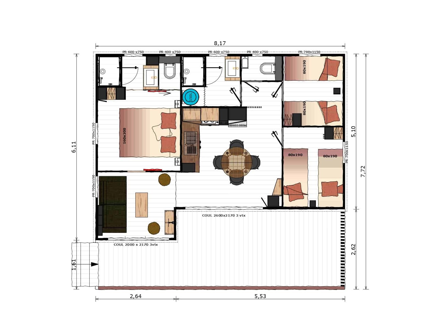 Bekijk het plan Chalet Prestige 60 m² (3 slaapkamers - 6/7 pers)